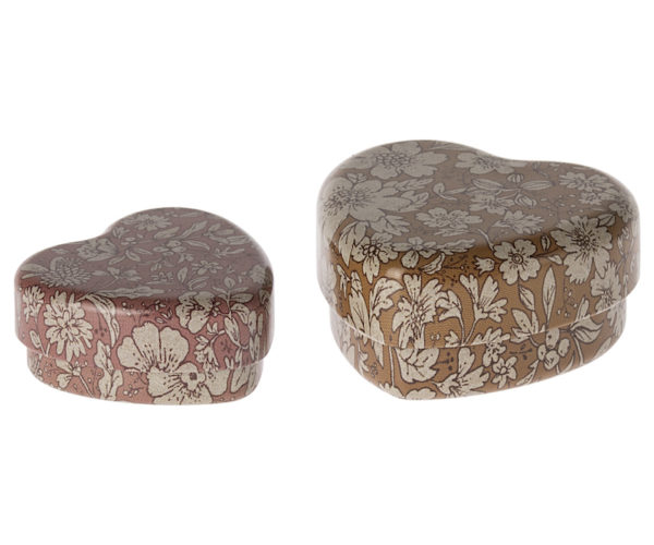 Boites coeurs en métal, lot de 2 - ocre et fleurs
